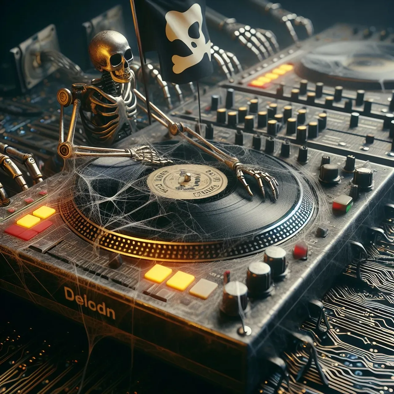 a skeleton DJ playing music on a turntable, Historic, Old Photography, Vintage, Radio, Studio Lighting, Dynamic Motion, Photorealistic, Super Detailed, HD, 16K