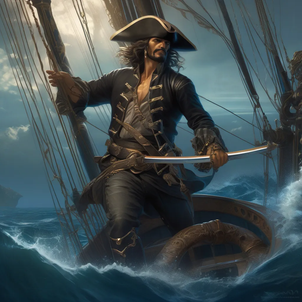 a painting of a pirate on a ship in the ocean