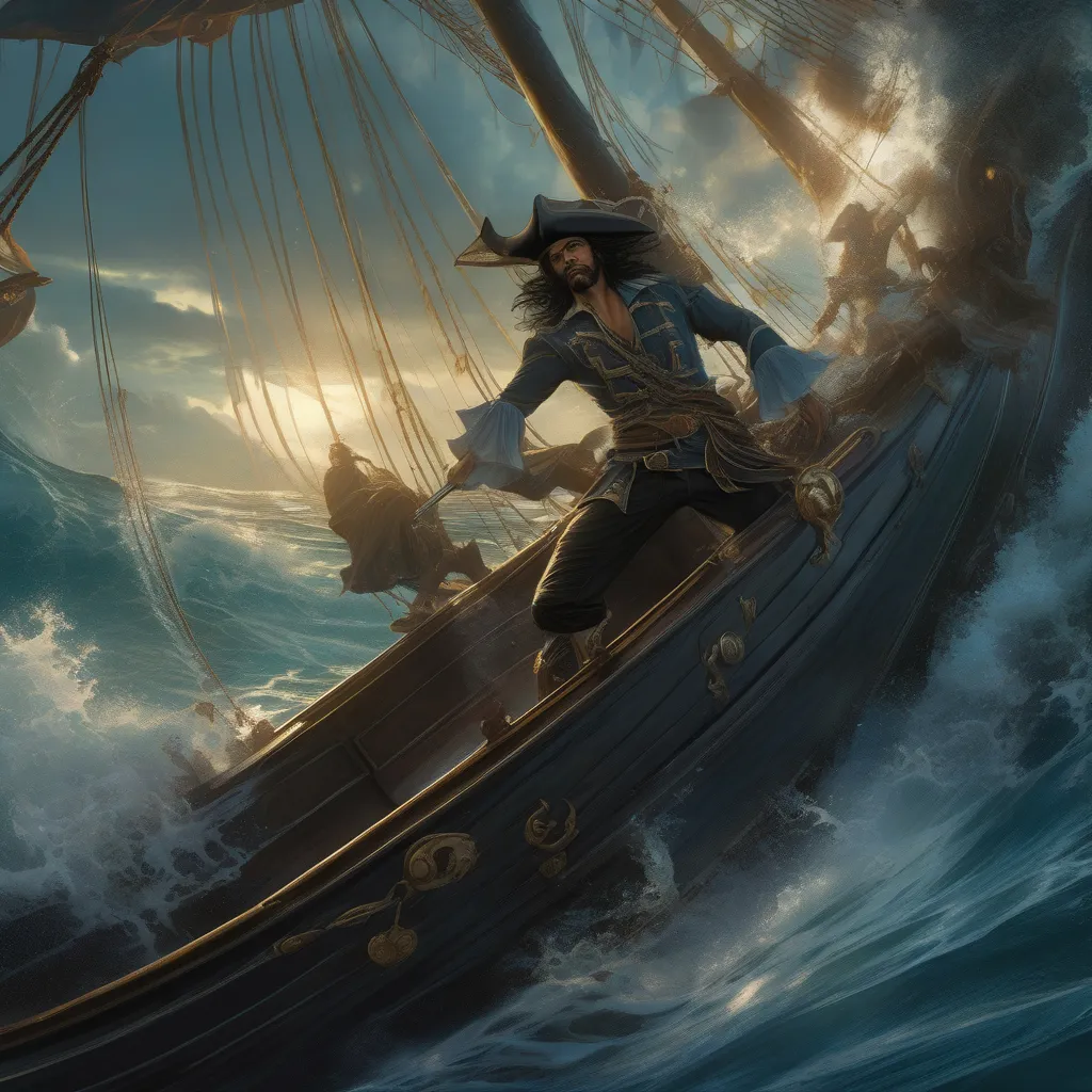 A dangerous pirate on a ship in the ocean