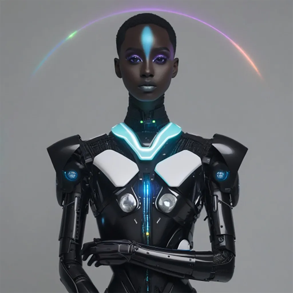 a woman in a futuristic suit with a rainbow in the background, nods head, changes arm pose.