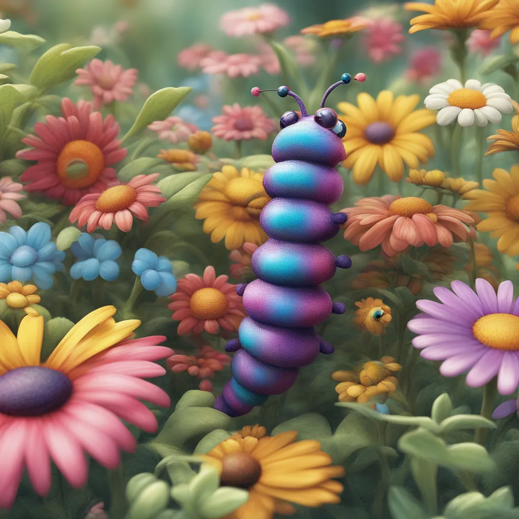 a painting of a caterpillar surrounded by flowers