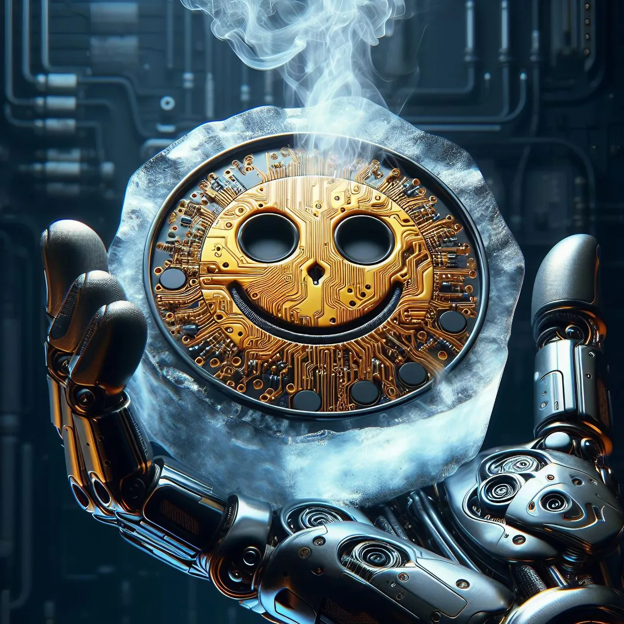 a steampunk robot holding up a smiley face circuit board button