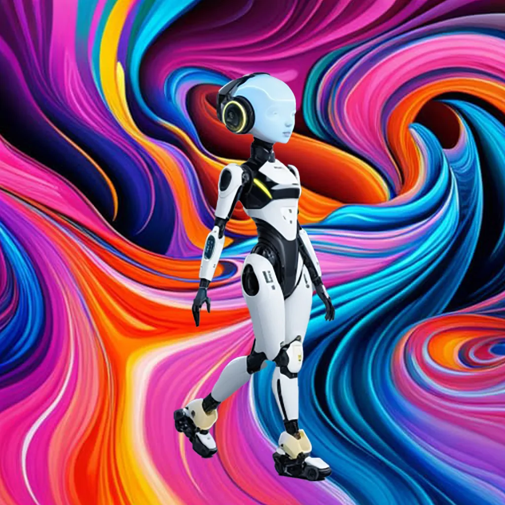 a robot walking through a colorful swirly moving background