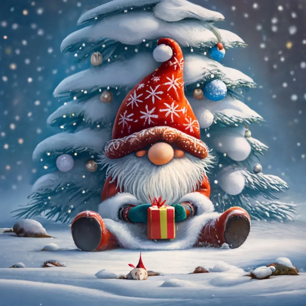 a painting of a santa clause sitting in front of a christmas tree