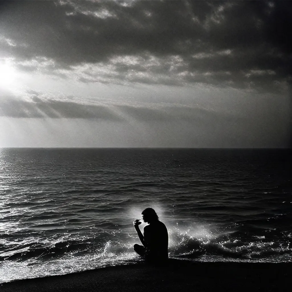 a person sitting on a beach next to the ocean