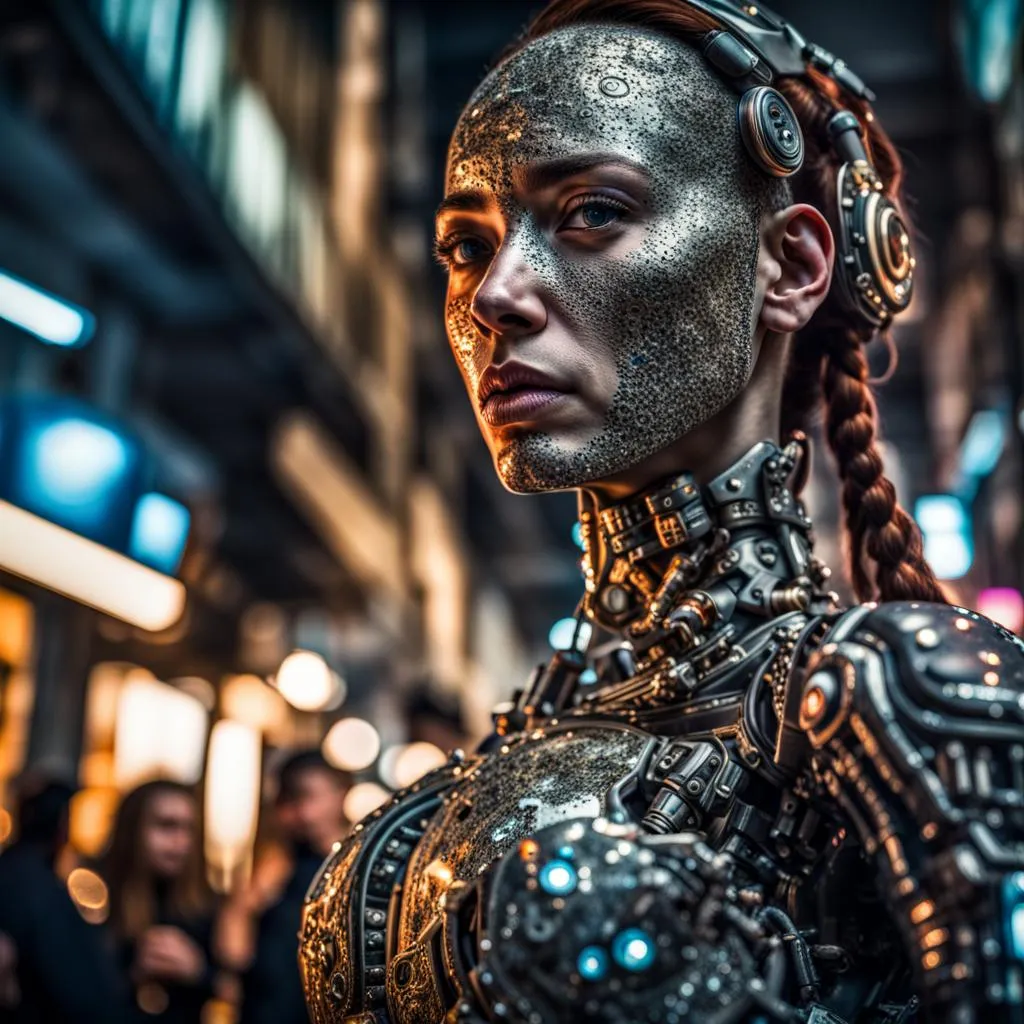 A close up of a futuristic woman in a silver and black costume, looking back in time to a historic event