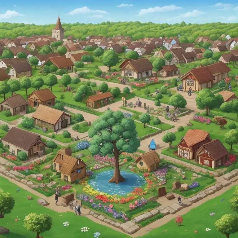 a village with a pond surrounded by lots of trees