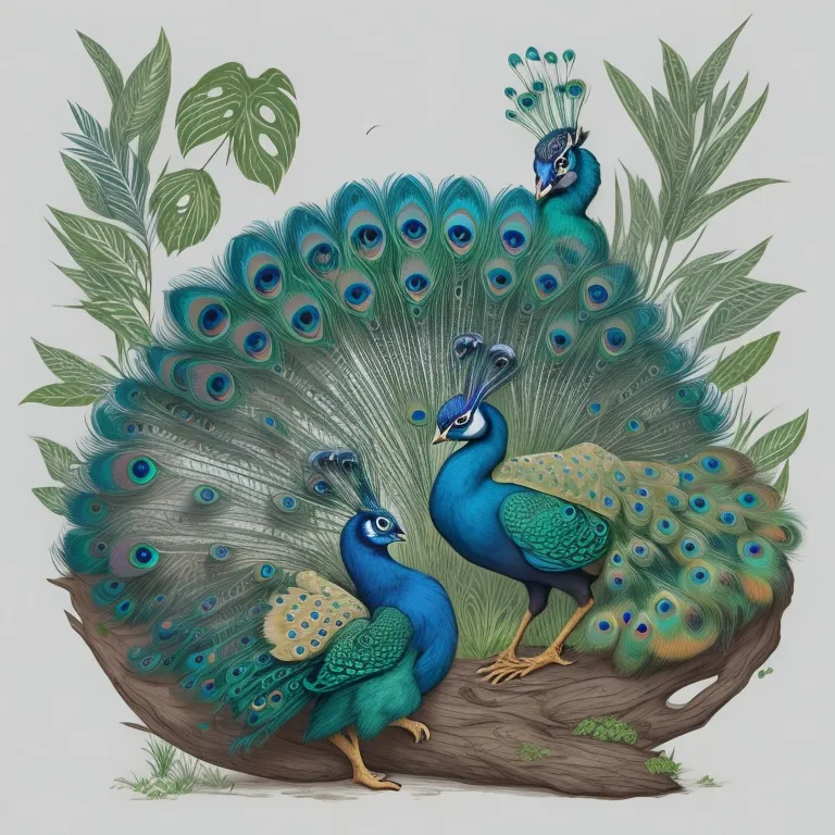 a painting of two peacocks on a tree branch