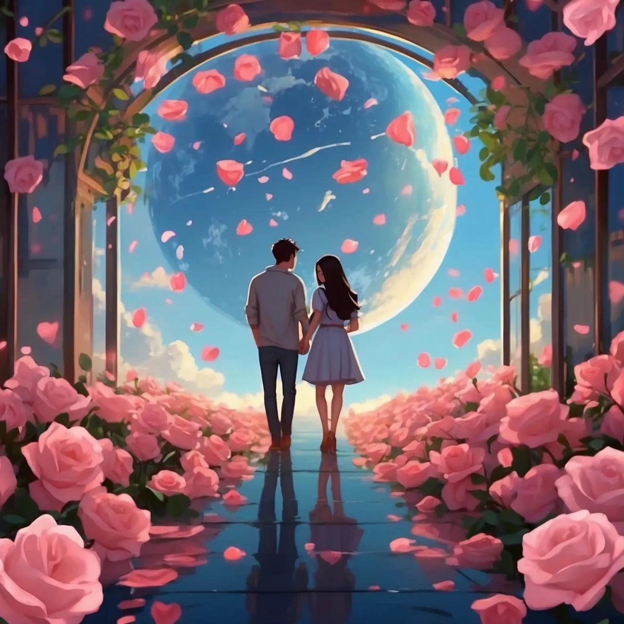 a man and a woman standing in a tunnel of roses