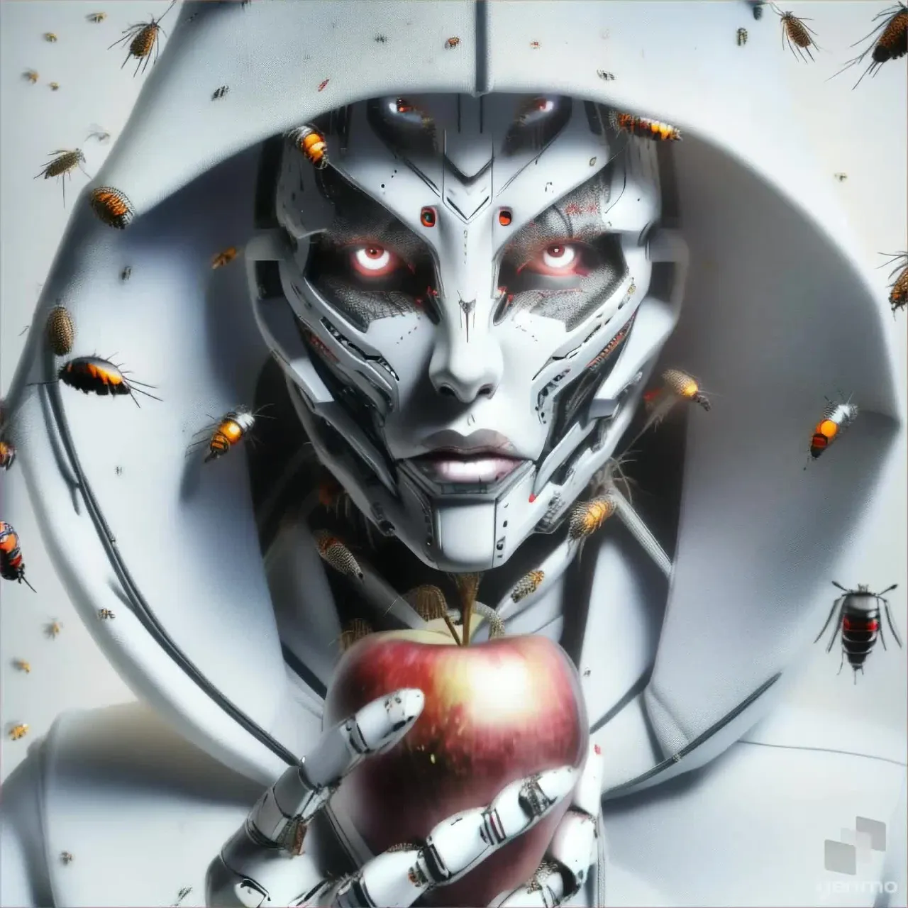 Cyborg wearing a Hoodie eating an apple crawling in bugs, Futuristic, Sleek, glossy, Scary, Horror, Medieval, Cyber Genetics, Dynamic Movement, Studio Lighting, Cinematic, Realistic, 16K Movie