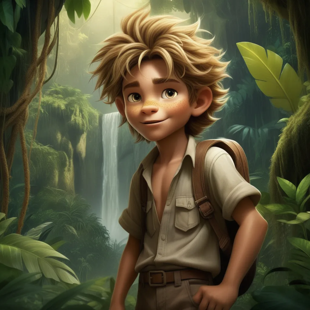 a boy with a backpack in a jungle