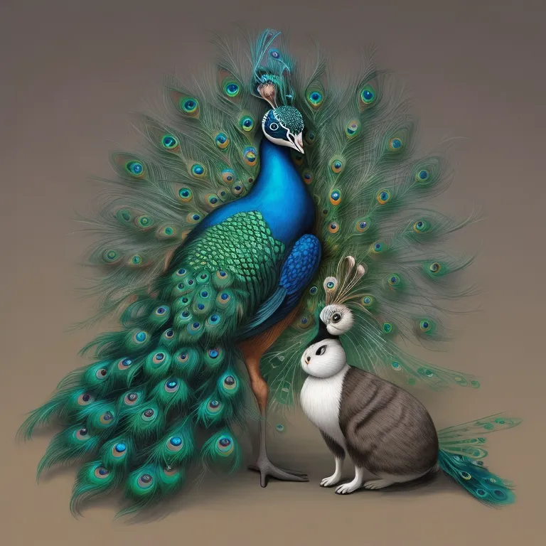 a painting of a peacock and a rabbit