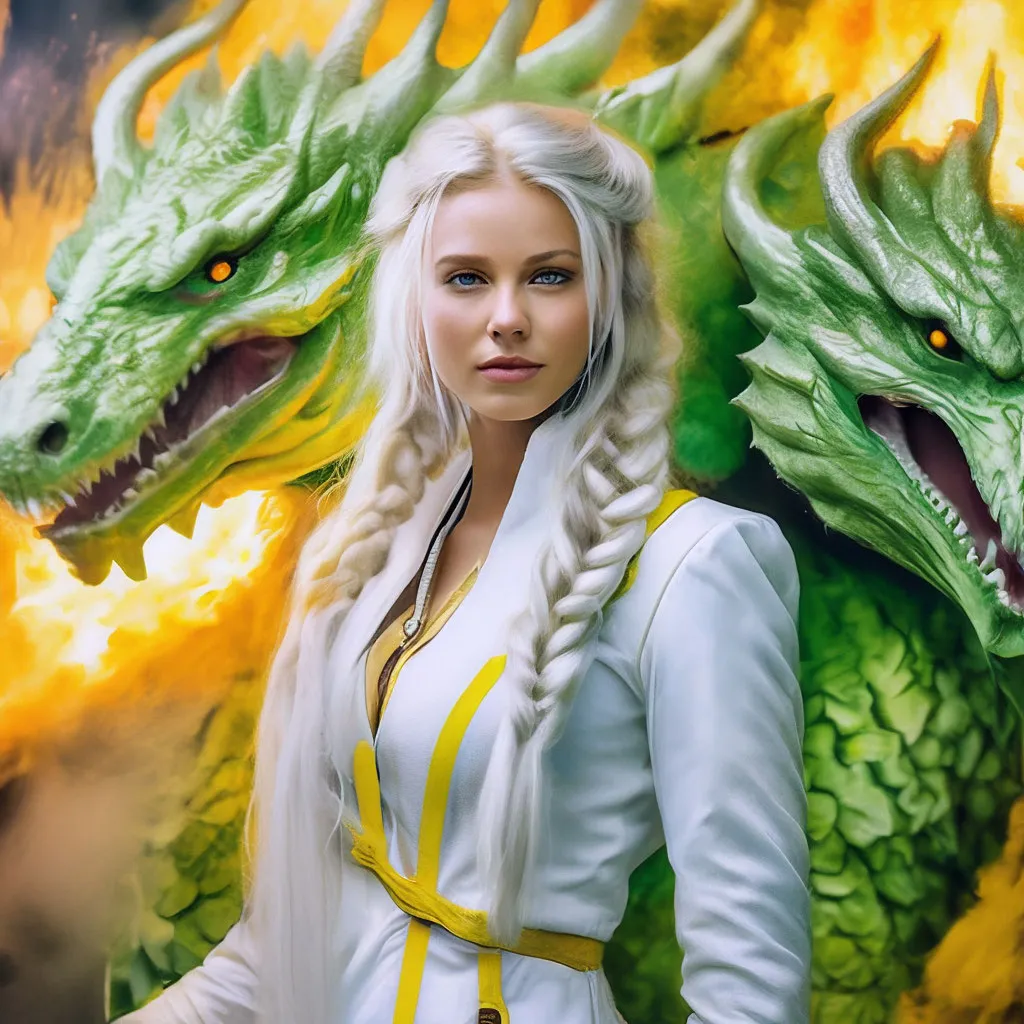 a woman standing next to a green dragon