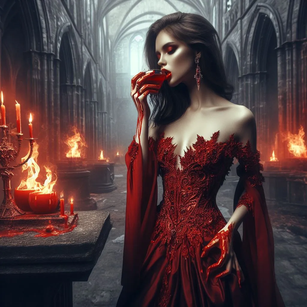 a woman in a red dress drinking from glass standing in front of a altar with candles