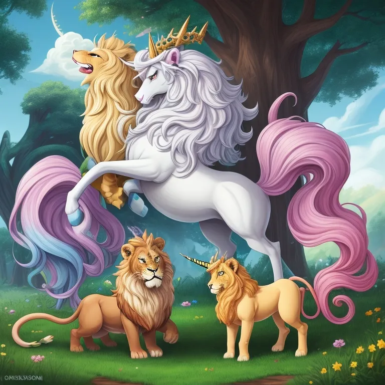 a painting of three unicorns and a lion in a forest