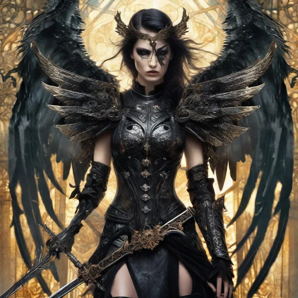 a woman dressed in black with wings and a sword