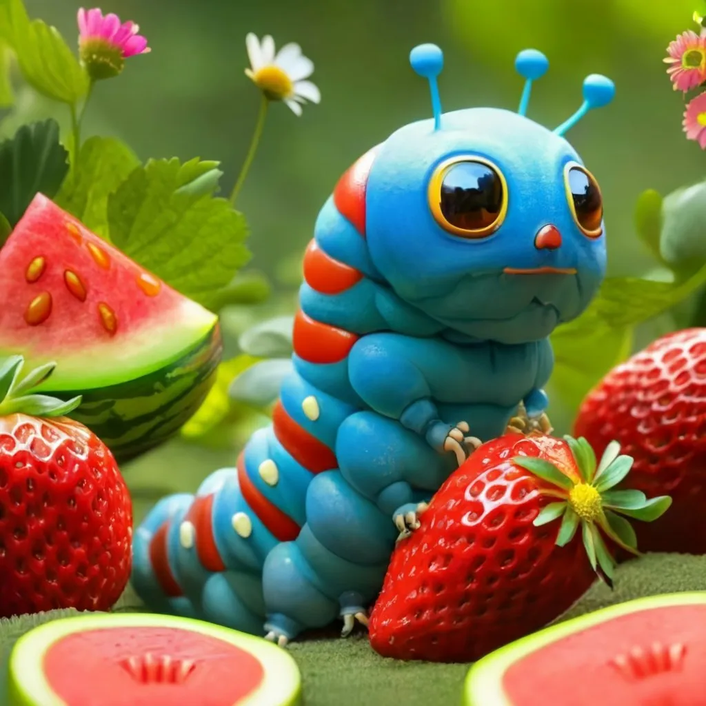 a blue caterpillar sitting on top of watermelon slices