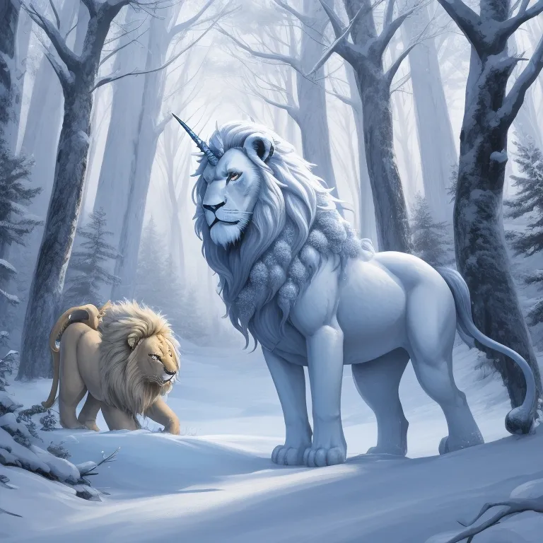 a white lion and a white lion in a snowy forest