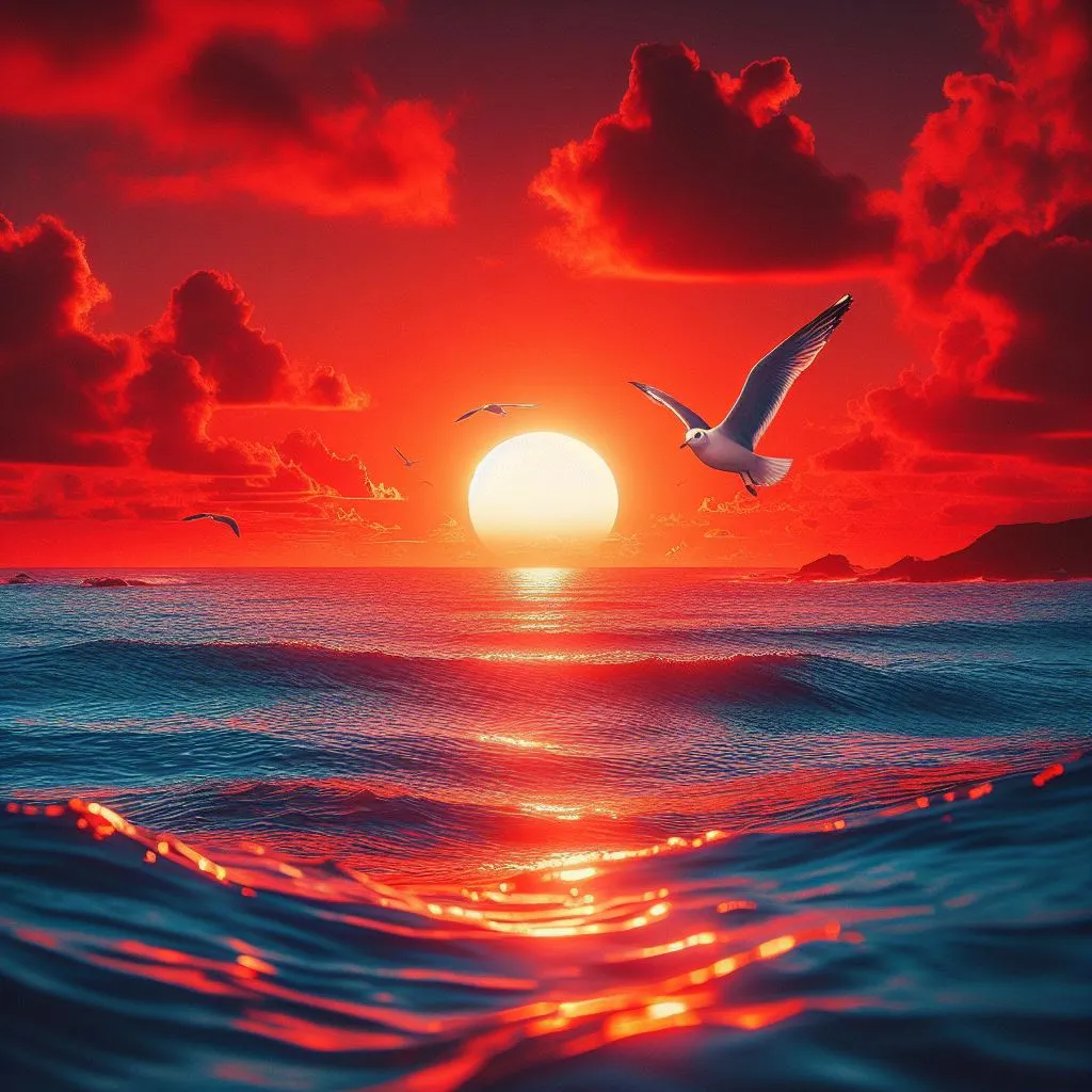 a bird flying over the ocean at sunset