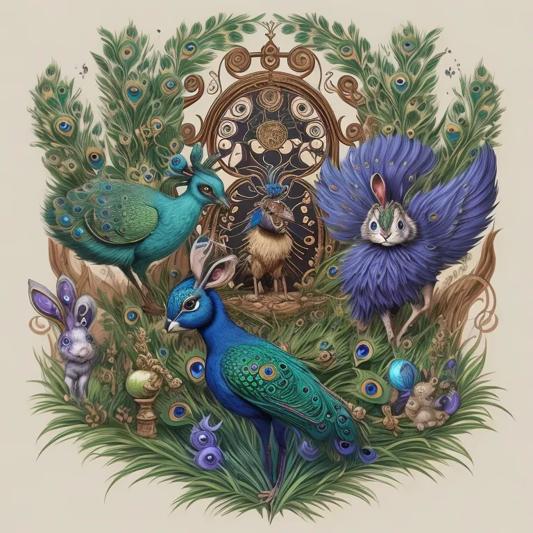 a painting of a peacock surrounded by other animals