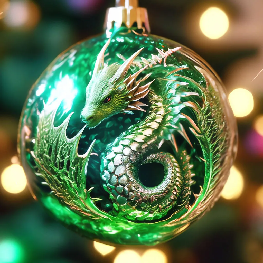 a green glass ornament with a dragon on it