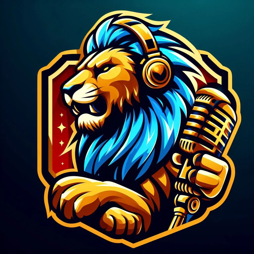 A lion with headphones holding a microphone, roaring. 4K, 8k, breathtaking, 16k.