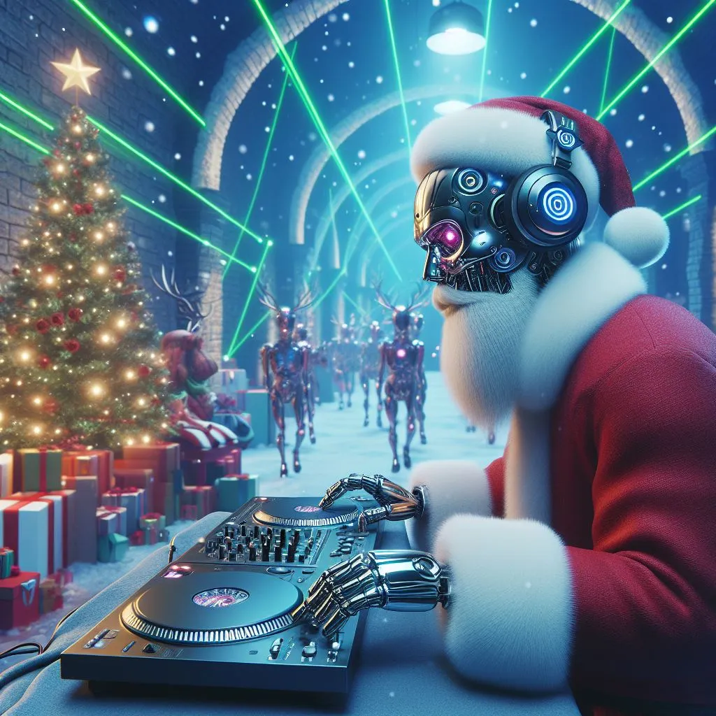 a DJ in a Santa suit with headphones on, Dancing Reindeers, Falling Snow, Hi Tech, Christmas, Electronic, Photorealistic, 16K