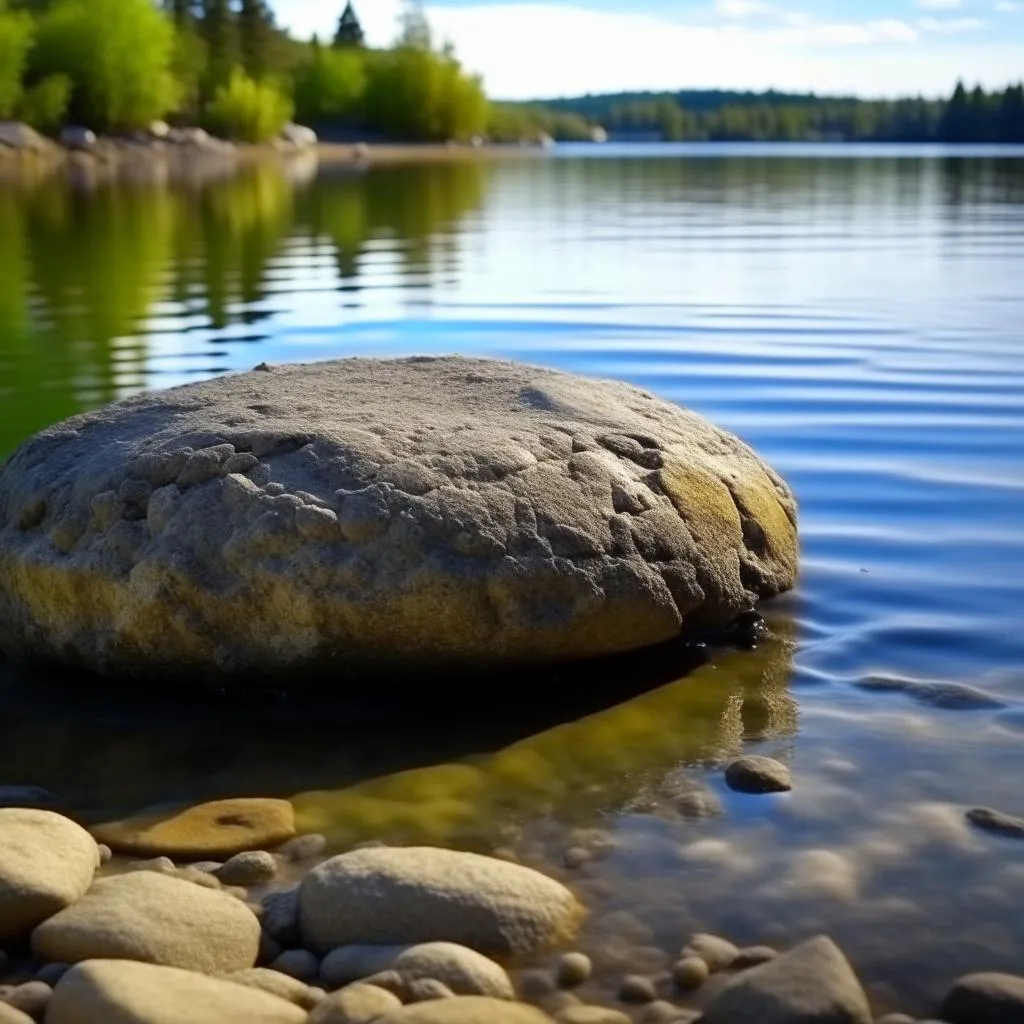 a large rock sitting on top of a lake