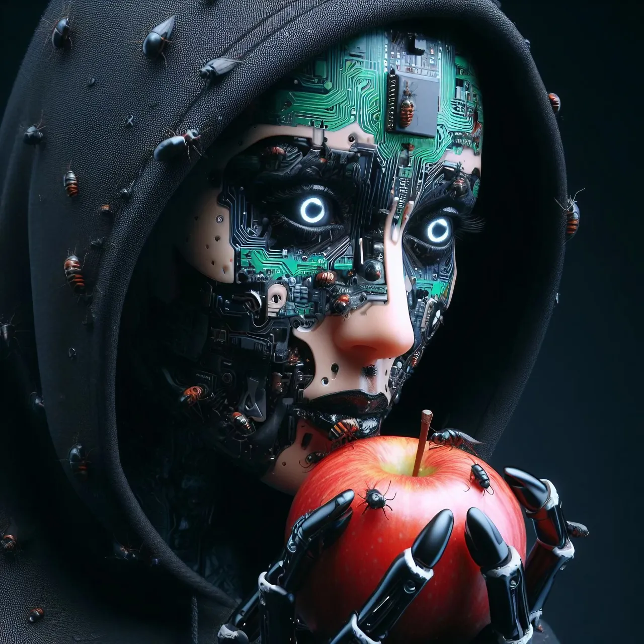 a robot with a circuit board face wearing a hoodie crawling with bugs eating an apple in a nightclub with dancers, Futuristic, Medieval, Fantasy, Sleek, Glossy, Cinematic, Highly Detailed, Photorealistic, Studio Lighting, Dynamic Motion, 16K Video