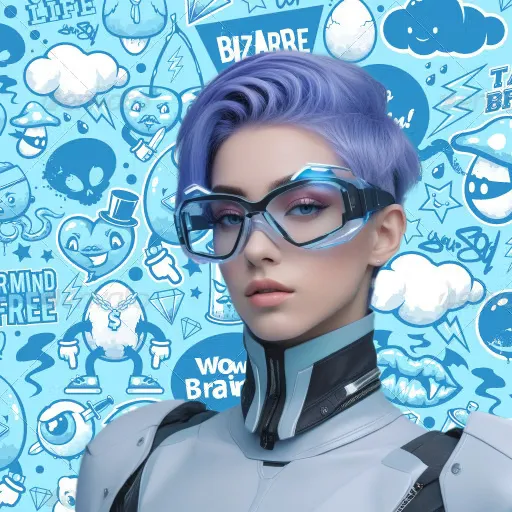 a woman with purple hair and glasses smiles and turns head in front of a blue moving background