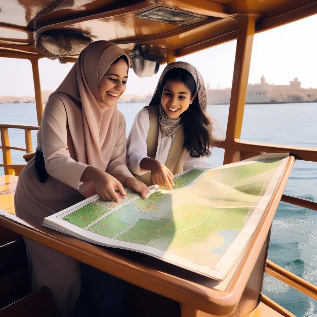 two women looking at a map on a boat