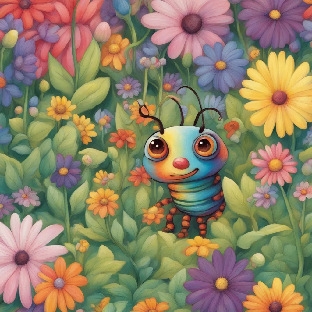 a painting of a bug in a field of flowers