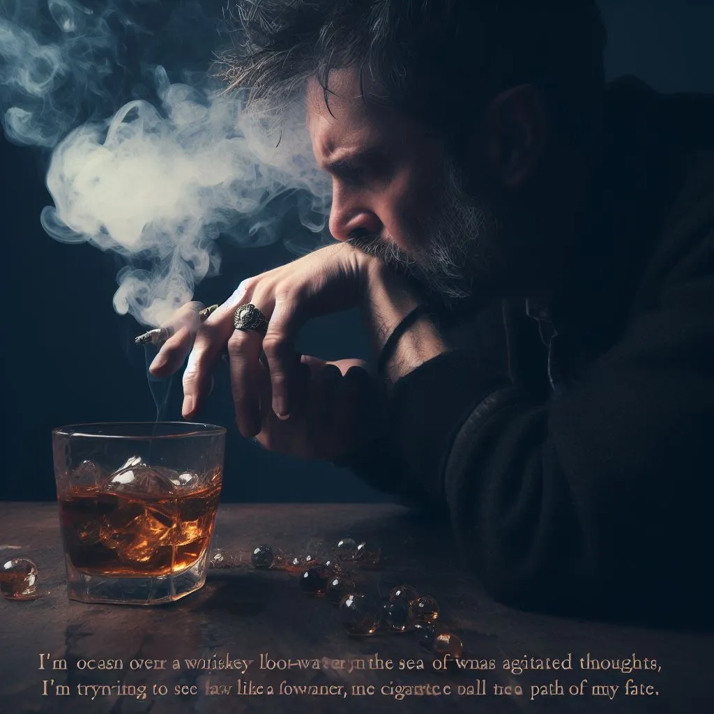 a man smoking a cigarette next to a glass of whiskey