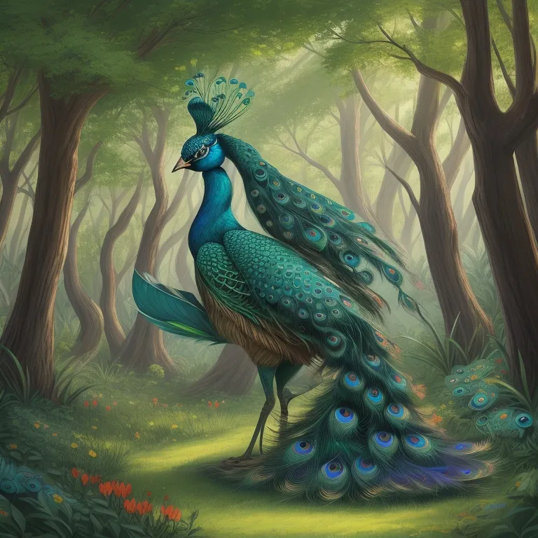 a painting of a peacock in a forest