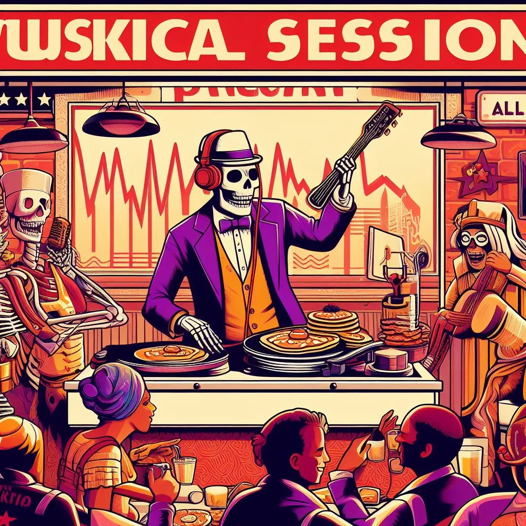 a poster of a skeleton dj playing music