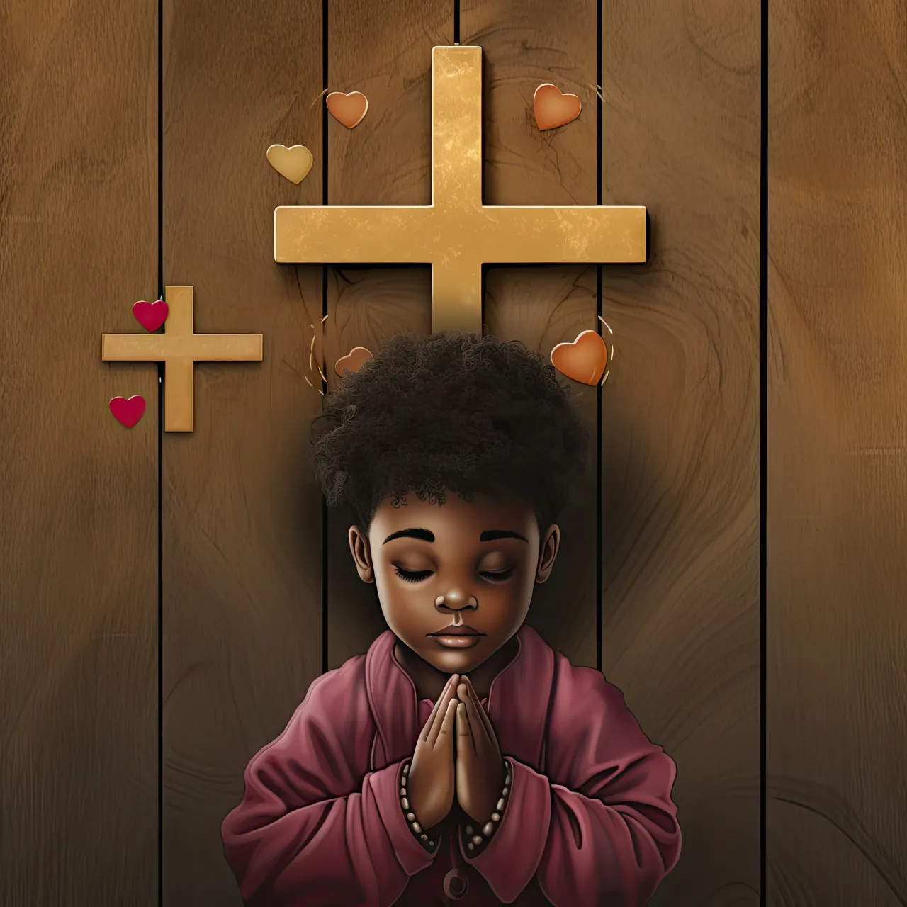 a young person is praying in front of a cross