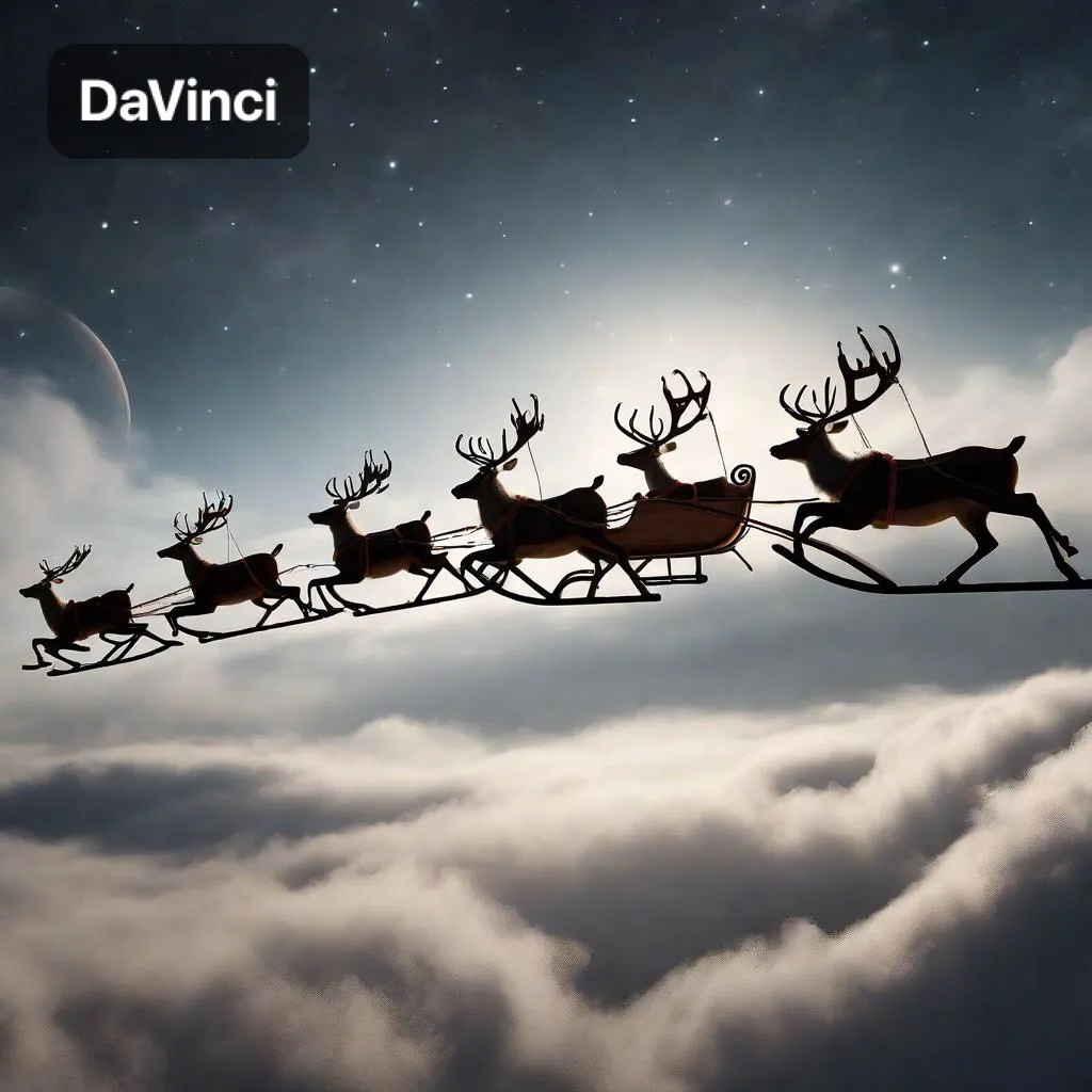 8k, 4K, A group of reindeers pulling a sleigh through the sky, cinematic, breathtaking, amazing,