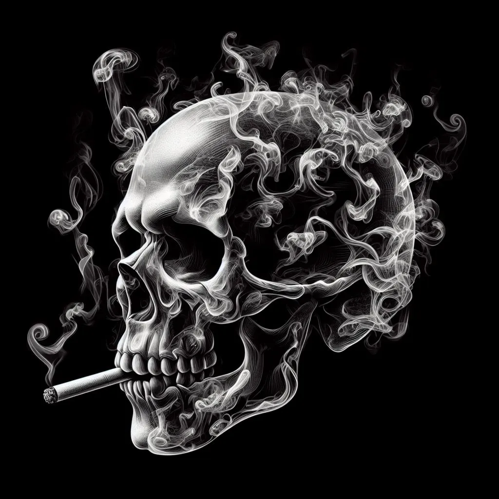 a skull with a cigarette in its mouth