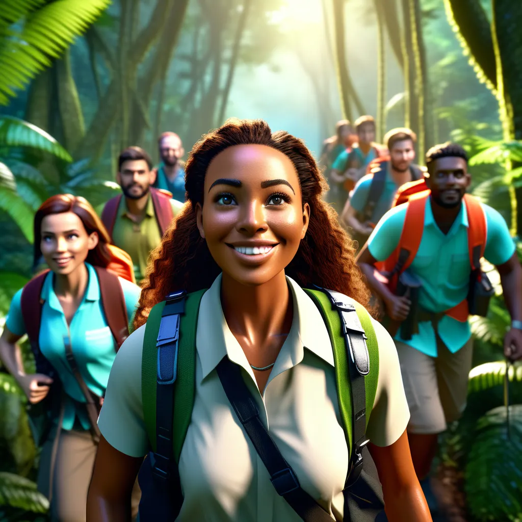 a group of people walking through a jungle