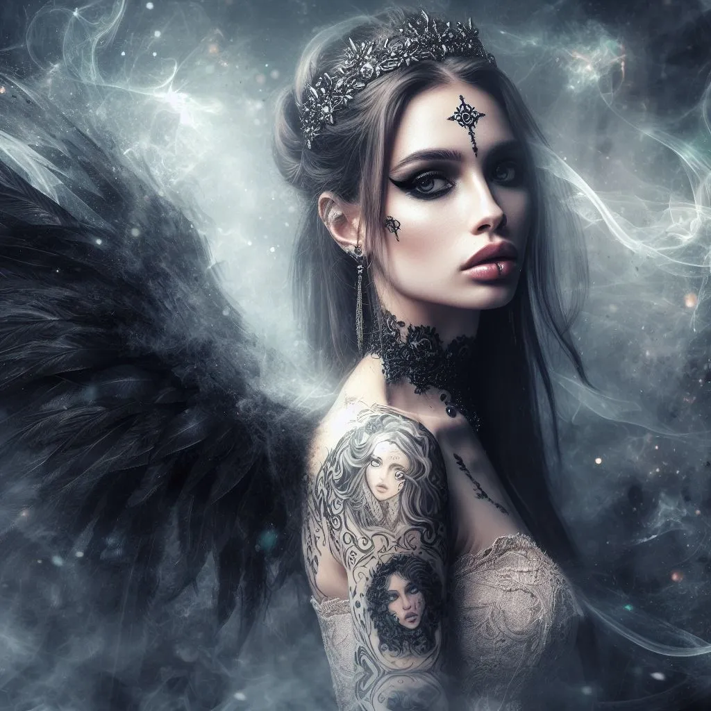 a woman with a tattoo on her arm and wings