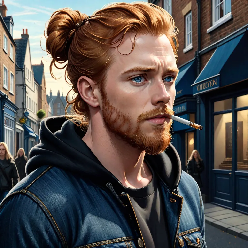 A European long haired Ginger guy in his mid 30’s with his long ginger hair in a bun and a cigarette in his mouth, trimmed beard, 8k octane render, concept art, cinematic, intricate and detailed outdoors environment, ultra detailed face with realistic and detailed blue and grey eyes that look into the camera, cigarette smoke, 