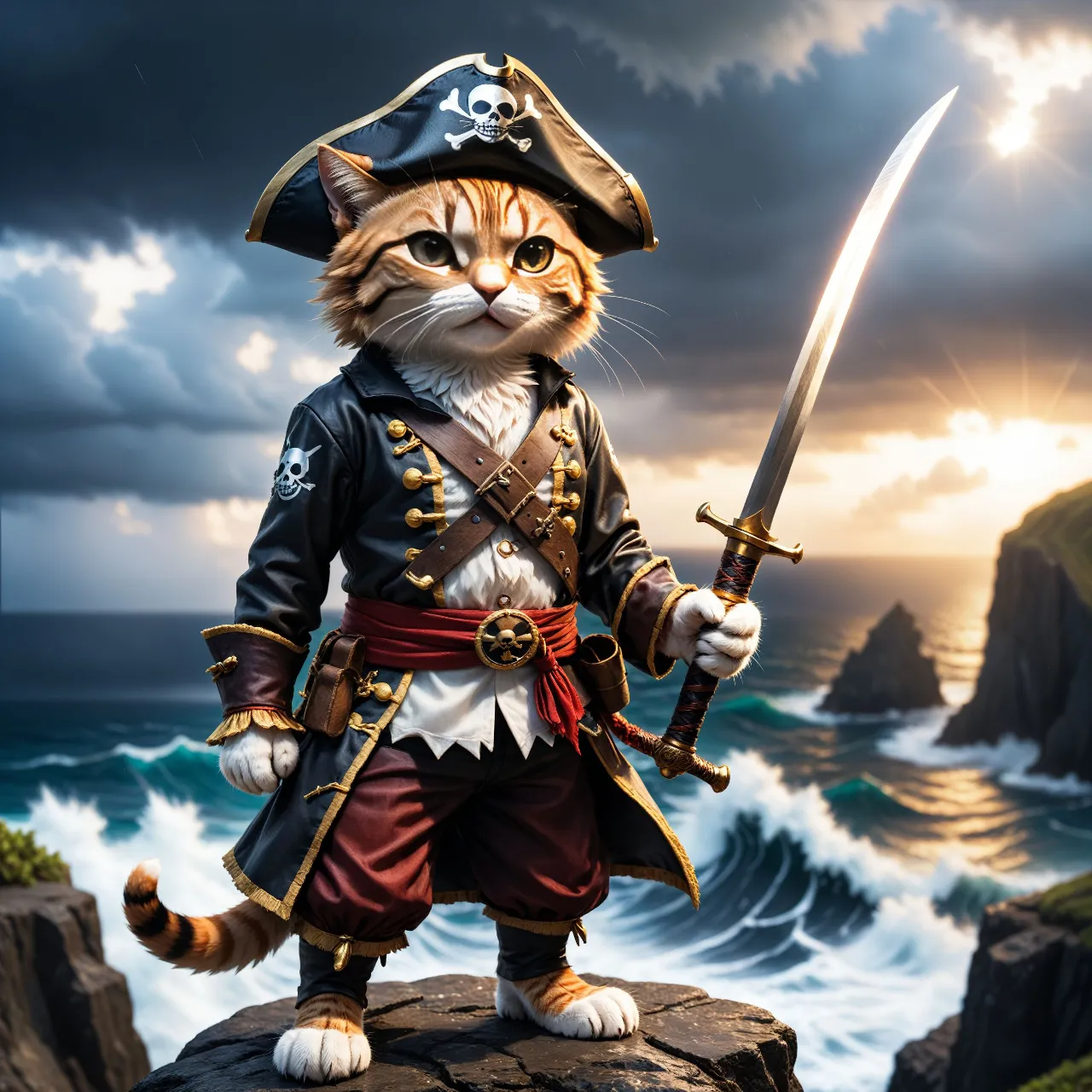 a cat dressed as a pirate holding a sword