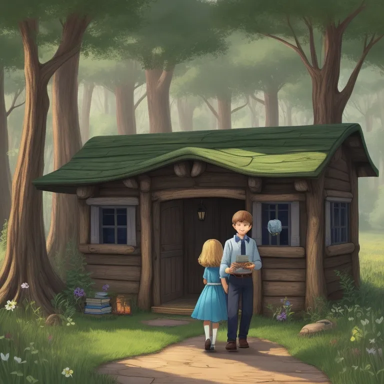 a man and a little girl standing in front of a cabin