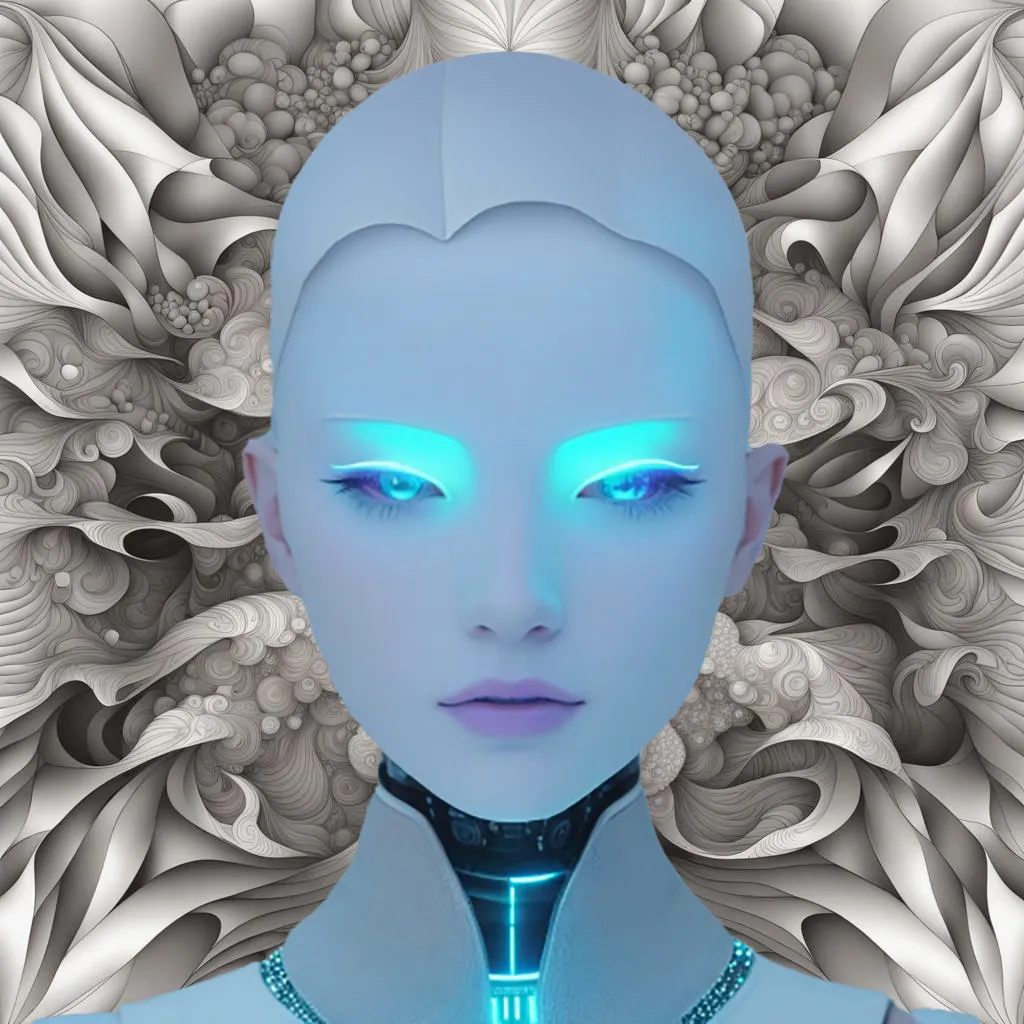 a futuristic woman with blue flashing eyes standing in front of a moving floral background