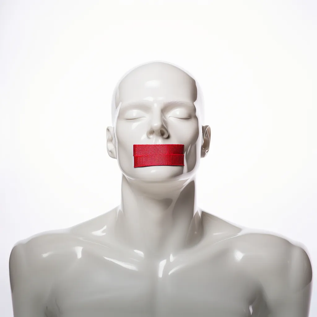 a white mannequin with a red strip across its mouth