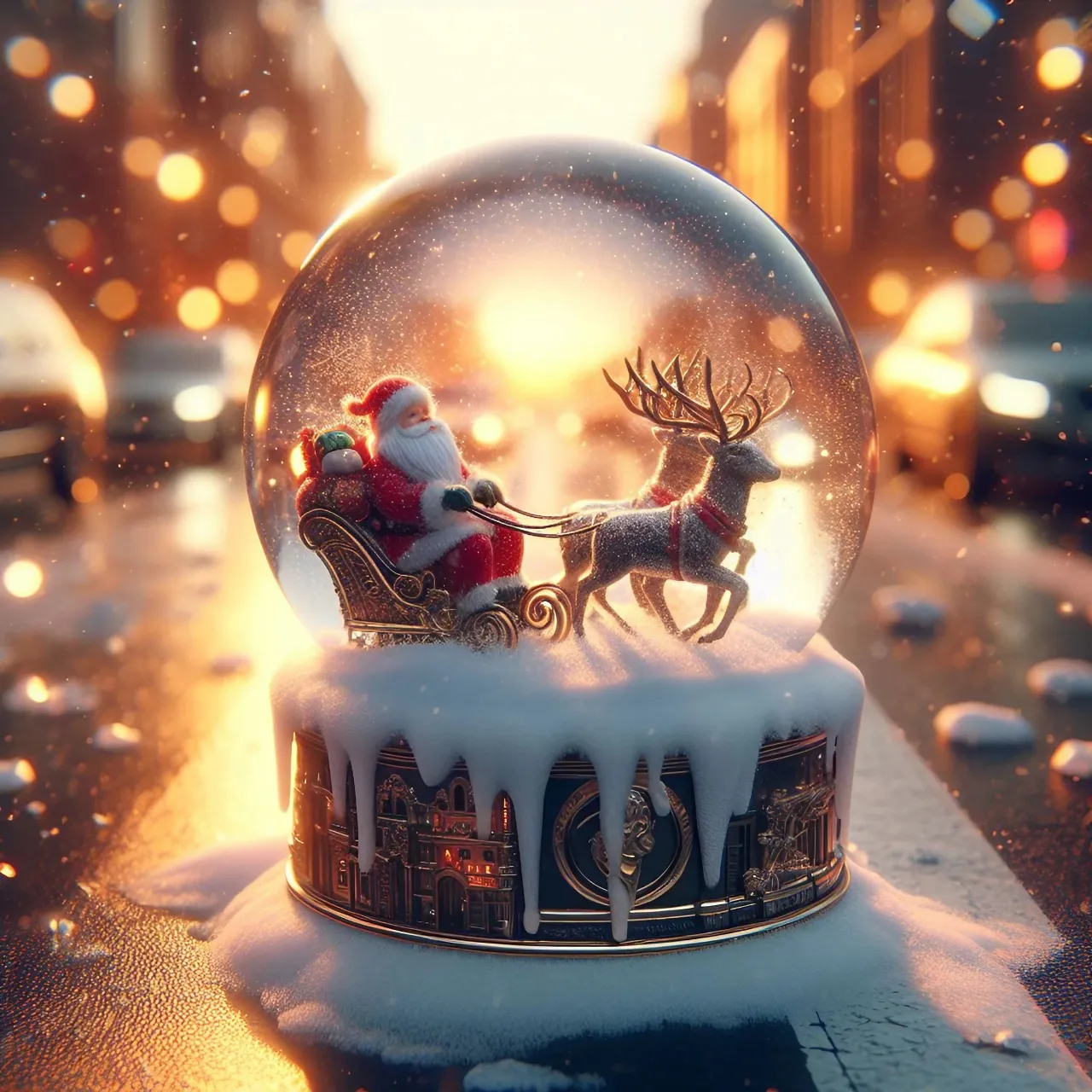 A close-up of a toy Santa Claus in a broken snow globe with other broken toys around him