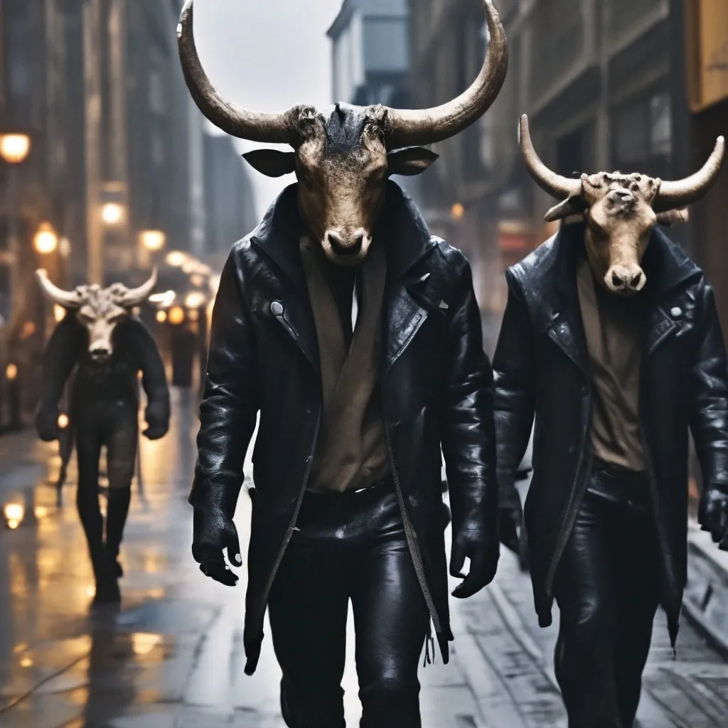 Generate a video of a scene in which the mythical animals minotaurs in tracksuits walk down the street, turning towards us.