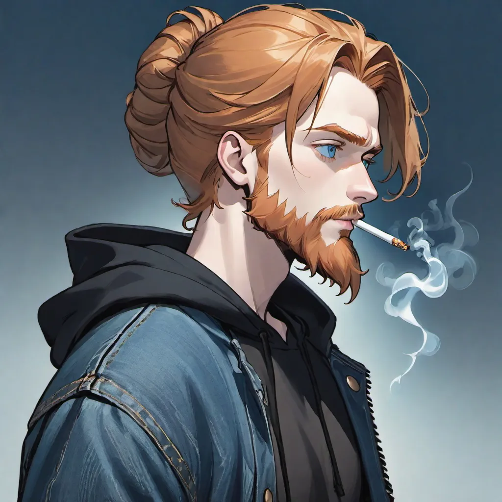 European long haired Ginger guy in his mid 30’s with his long ginger hair in a bun and a cigarette in his mouth, trimmed beard, 8k octane render, concept art, cinematic, intricate and detailed outdoors environment, ultra detailed face with realistic and detailed grey eyes that look into the camera, cigarette smoke, dark vibe, hunk, masterpiece, action movie scene, atmospheric blue cinematic lighting, sharp focus,Disney drawing style, 