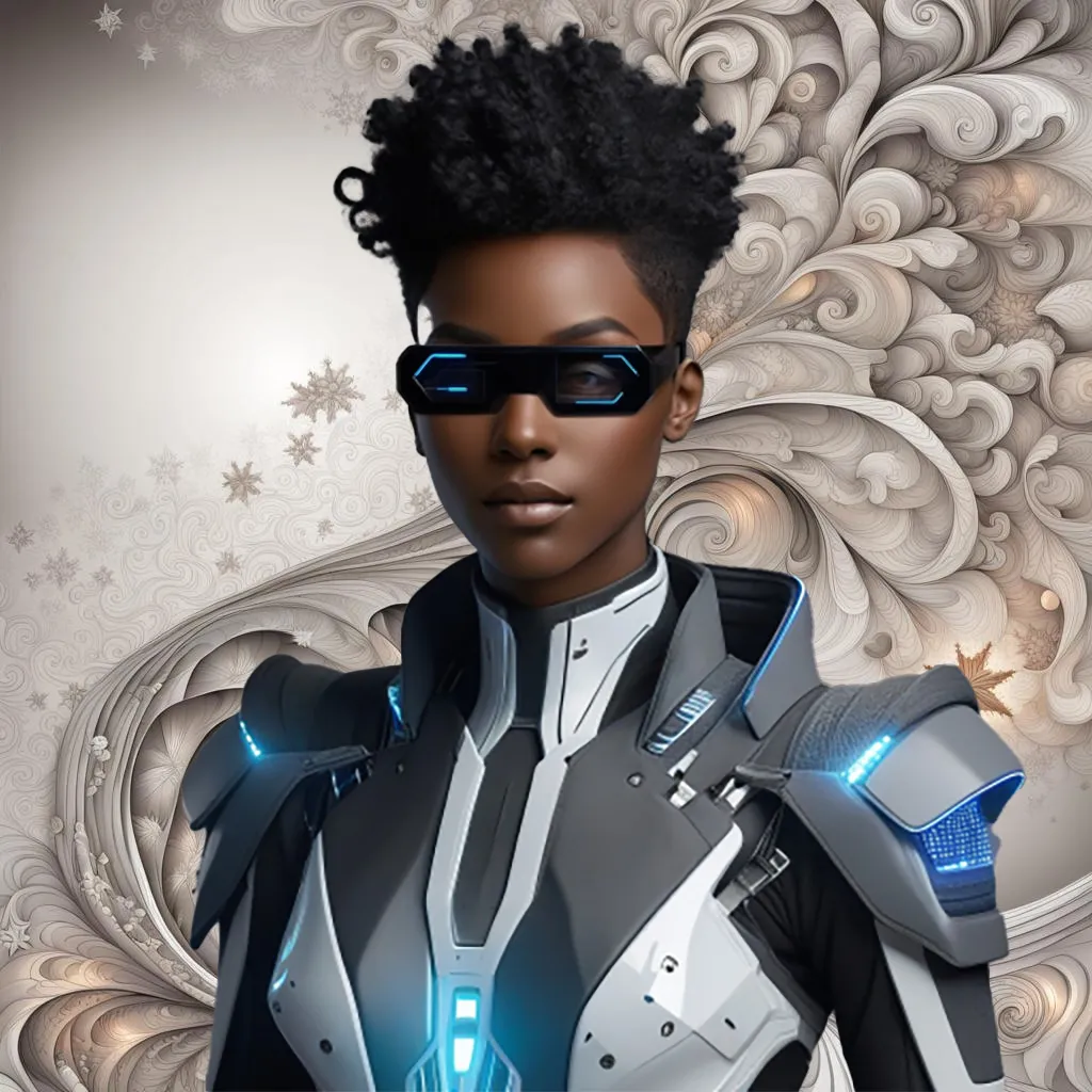 a woman wearing a futuristic suit and glasses, turns head. moving background.