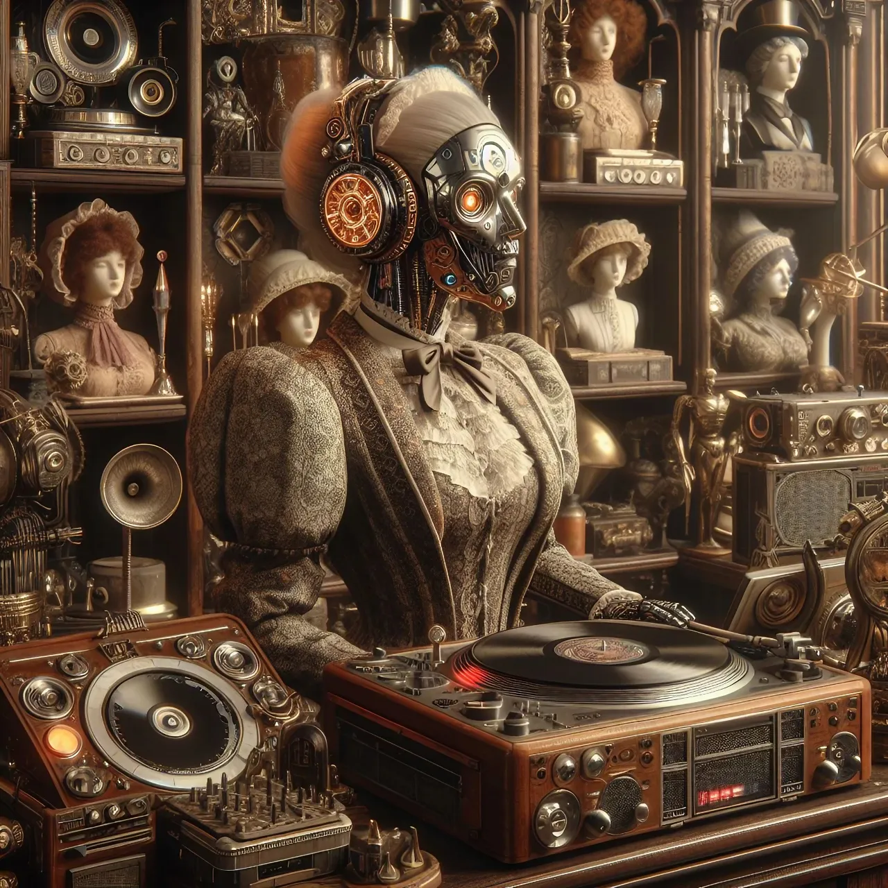 a robot DJ mixing on a turntable in a shop, Historic, Old Photography, Vintage, Studio Lighting, Dynamic Motion, Photorealistic, Super Detailed, HD, 16K